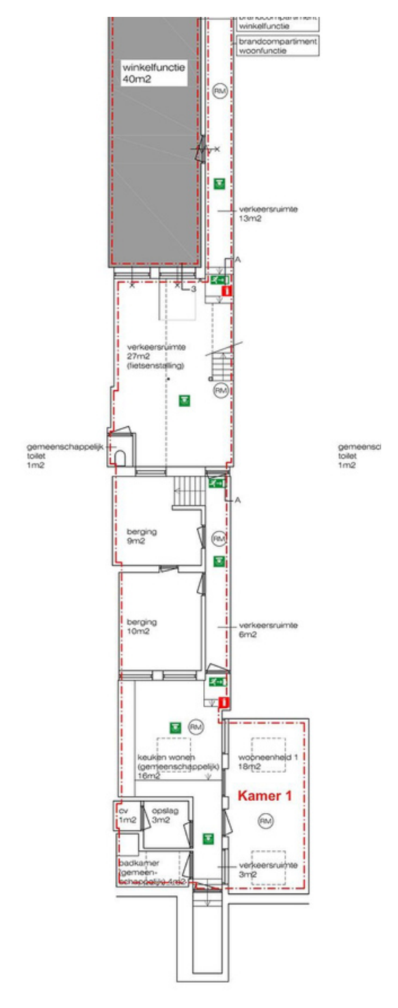 Plattegrond van de begane grond met kamer 1 gemarkeerd
